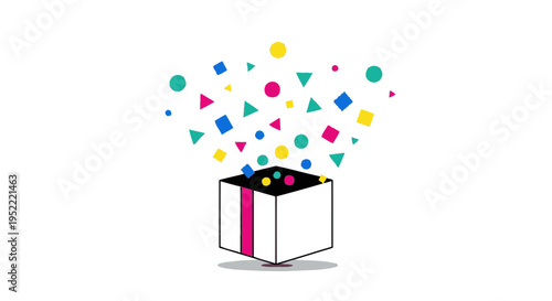 Open gift box with colorful geometric shapes exploding upwards, white background