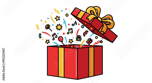 Open Red Gift Box with Confetti, Stars, and Music Notes Flying Out