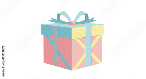 Pastel Gift Box with Ribbon and Bow, Isolated on White Background