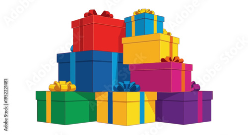 Pile of Colorful Gift Boxes with Ribbons, Isolated on White Background