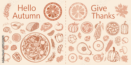 A festive autumn illustration featuring seasonal food and decorative elements