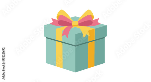 Teal Gift Box with Pink and Yellow Bow, Festive Present, Isolated on White