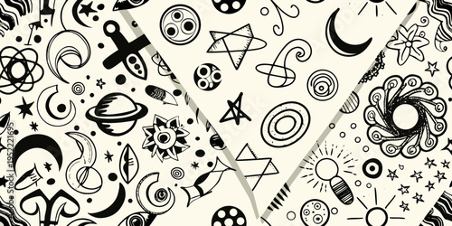 Whimsical black and white doodles of celestial bodies and abstract shapes