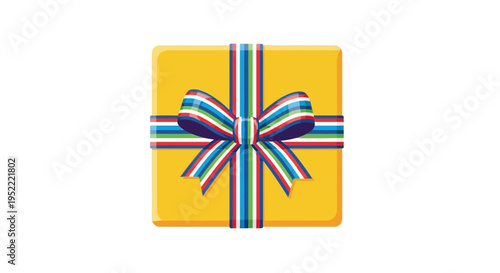Yellow Gift Box with Colorful Ribbon and Bow, Top View