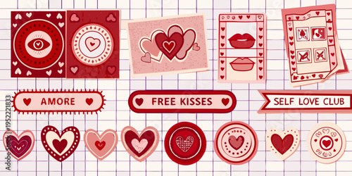 Playful valentine s day themed stickers and heart motifs on grid background