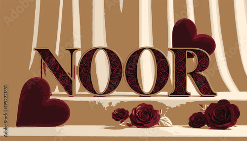 NOOR: A captivating decorative piece, artistically spells out the word NOOR embellished with artistic designs and complemented by heart-shaped accents and rose decorations.