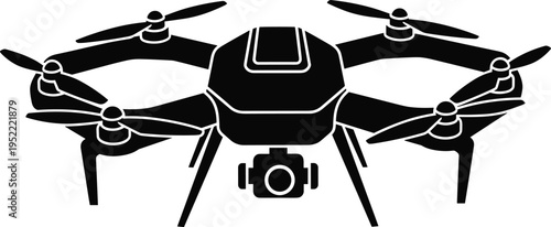 "Black and white silhouette illustration of quadcopter drone with four rotors, mounted camera, landing gear, and sleek angular body for aerial photography, videography, surveillance,  