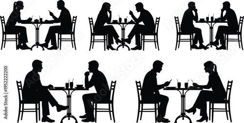 Couple dining silhouettes, people talking at table, restaurant scene, romantic dinner, conversation poses, social interaction, cafe meeting, lifestyle illustration