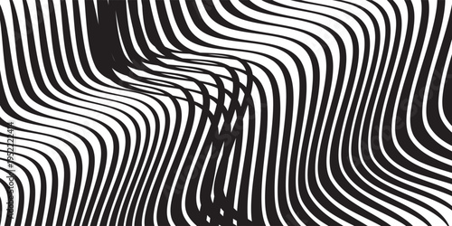 Psychedelic lines. Abstract pattern. Texture with wavy, curves stripes. Optical art background. Wave design black and white. Vector illustration.