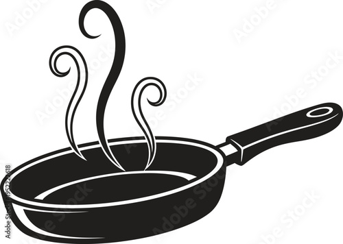 Hot frying pan with swirling steam with food preparation