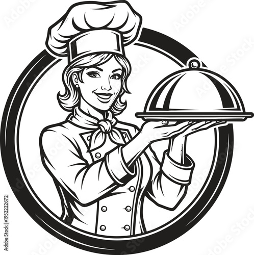 Chef woman holding a covered platter