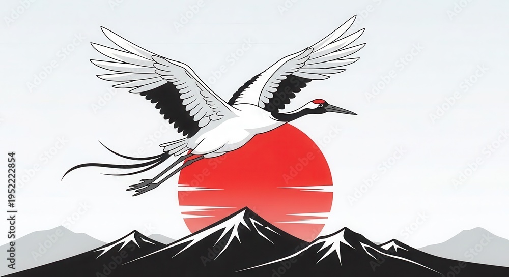 Obraz premium Stylized depiction of a large wading bird soaring over snow-capped peaks before a setting sun.