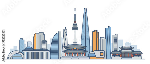 Seoul skyline vector illustration in detailed flat style showcasing Lotte World Tower, N Seoul Tower, historical palaces, and modern skyscrapers for travel and architecture design.