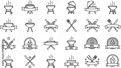 Bbq grill icons hand drawn sketch style