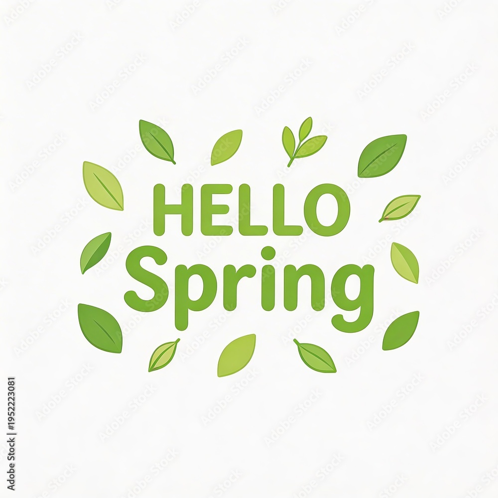 Fototapeta premium Illustration featuring 'HELLO Spring' text with green leaves surrounding, conveying seasonal freshness and nature. Ideal for spring-themed designs, promoting eco-friendly and floral concepts.
