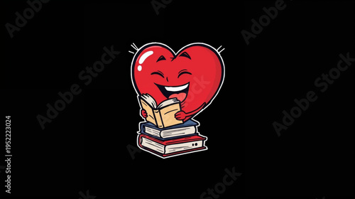 illustration a cartoon heart character reading book on black background