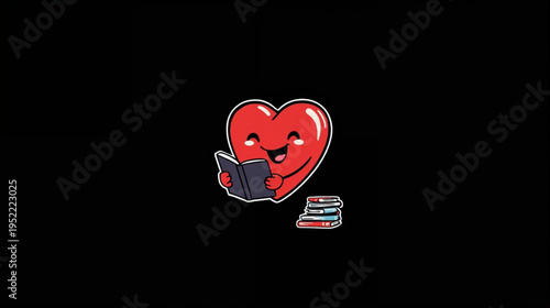 illustration a cartoon heart character reading book on black background