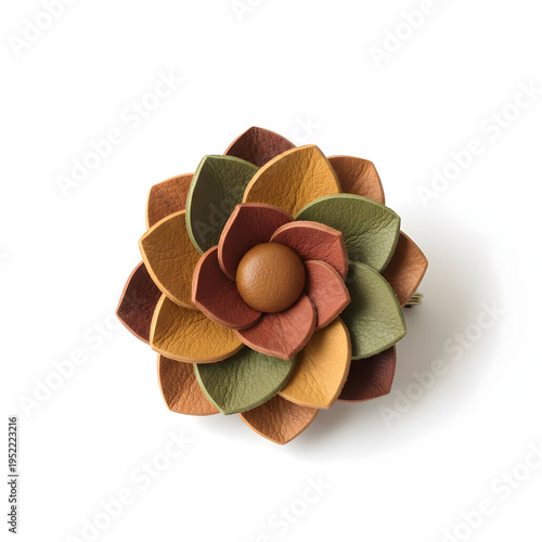 Flower shaped handmade leather brooch isolated