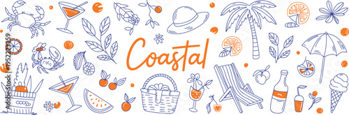 Coastal Summer Vacation Doodle Elements With Orange Accents And Text Keywords: coastal, summer, vacation, beach, sea, ocean