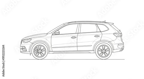 Modern SUV Vehicle Outline Drawing Side View.