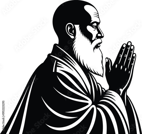 elderly monk praying with folded hands spiritual devotion portrait, religious meditation character illustration, cad drawing flat vector illustration