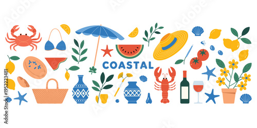 Coastal Themed Elements with Beach and Nautical Icons crab bikini