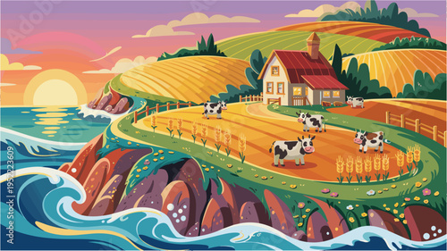 Cows grazing on a vibrant farm by ocean cliffs with a house at sunset
