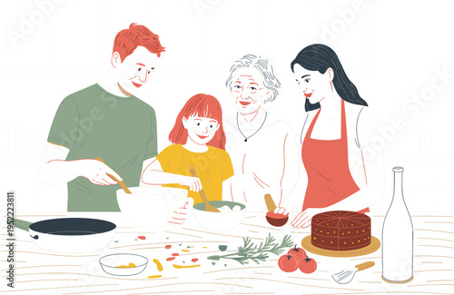 Happy multigenerational family cooking together in kitchen, vector illustration of healthy lifestyle and bonding