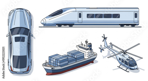 Modern transportation vehicles including car train ship and helicopter.