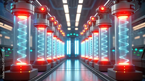 Futuristic laboratory with glowing DNA helix in glass tubes showcasing synthetic biology and advanced technology in high tech scientific environment