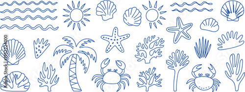 Collection of blue line art beach and ocean elements on white background summer vacation