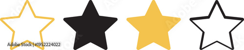 A collection of four simple star shapes in different styles and colors for design purposes