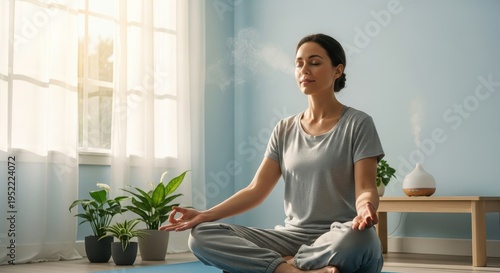 Woman practices deep breathing and relaxation techniques while seated in a bright room next to houseplants and a diffuser