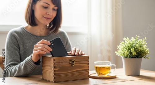 Woman places communication device inside a small wooden container for a period of digital disconnection