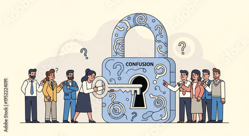 People confused by a large locked padlock with a key.