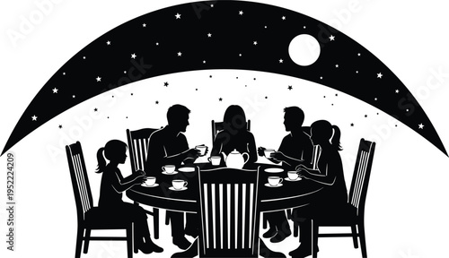 family dinner silhouette under starry night sky, parents and children sitting at table sharing meal, cad drawing flat vector illustration