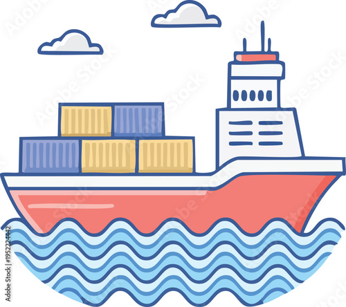 Minimal line icon of a cargo container ship on waves, sea transport icon, 