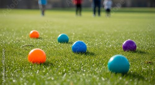 Colorful plastic balls on green grass field with people playing in background recreational outdoor activity