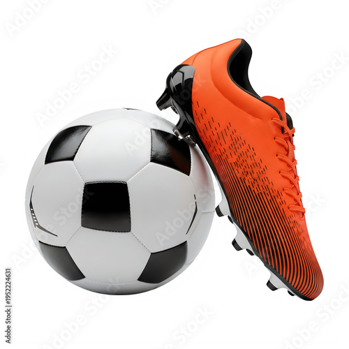 Orange soccer cleat and black and white soccer ball on white background transparent background