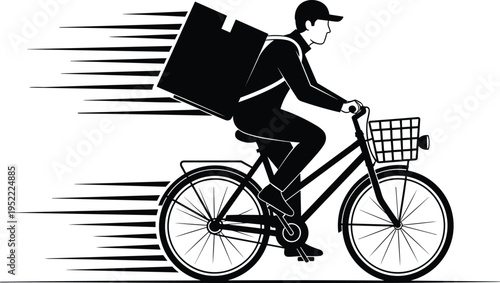 Fast bicycle delivery courier man with package box silhouette cad drawing flat vector illustration for logistics express shipping and food service