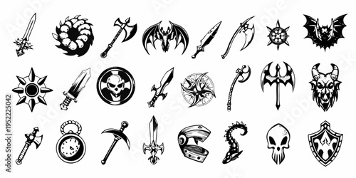 Collection of black and white fantasy weapon and armor illustrations