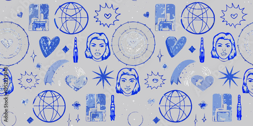Blue sketch pattern featuring portraits hearts and celestial elements