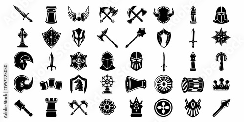 Collection of black silhouette icons depicting medieval weaponry and armor