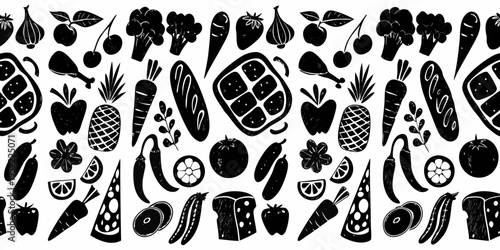 Black and white seamless pattern featuring various food items and produce