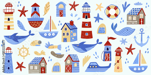 Colorful nautical themed illustrations lighthouses boats sea creatures and anchors