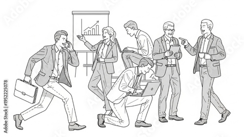 Businesspeople Line Art Set – Office Professionals Working, Meeting, Presentation and Communication Illustration