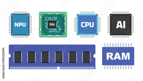 Artificial Intelligence Processor CPU NPU TPU RAM Computer Hardware Microchip Flat Icon Set Vector.
