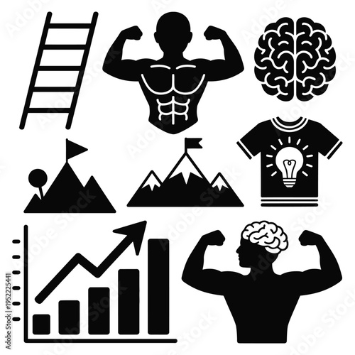 A brainy man with a muscular silhouette and icons of success
