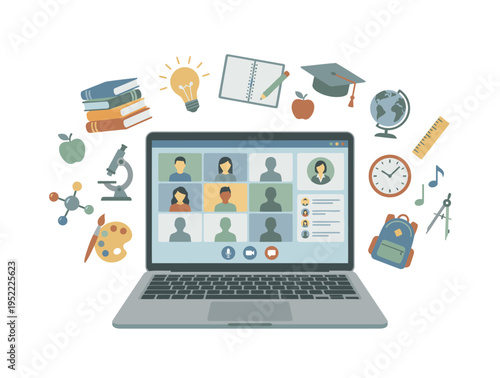 A laptop displaying an online video conference surrounded by various educational symbols representing remote learning and digital education.