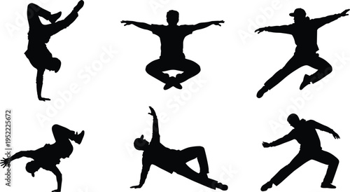Breakdance silhouettes collection hip hop dancers performing dynamic moves street dance freestyle poses isolated on white background vector illustration set
